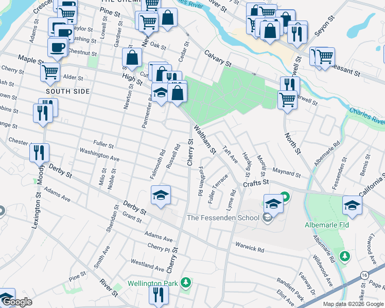map of restaurants, bars, coffee shops, grocery stores, and more near 33 Fordham Road in Newton
