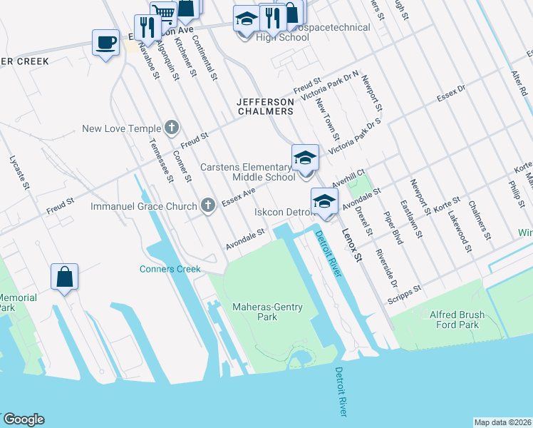 map of restaurants, bars, coffee shops, grocery stores, and more near 428 Kitchener Street in Detroit