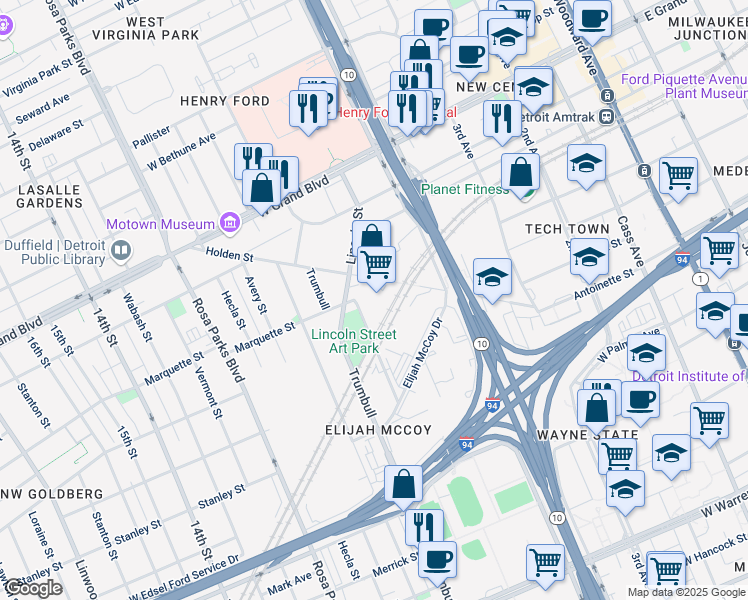 map of restaurants, bars, coffee shops, grocery stores, and more near 5924 Lincoln Street in Detroit