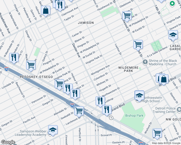 map of restaurants, bars, coffee shops, grocery stores, and more near 8037 Dexter Avenue in Detroit