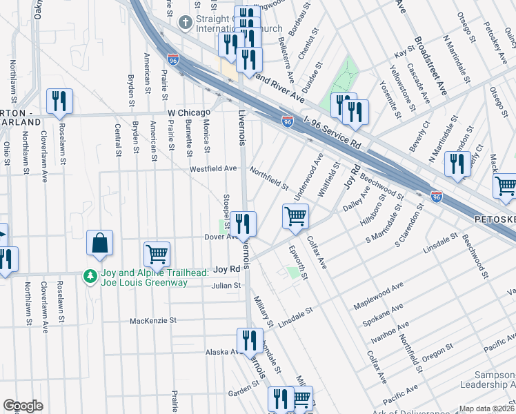map of restaurants, bars, coffee shops, grocery stores, and more near 5630 Greenway Street in Detroit