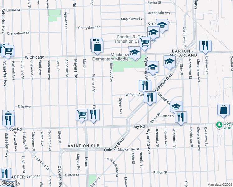 map of restaurants, bars, coffee shops, grocery stores, and more near 9117 Birwood Street in Detroit