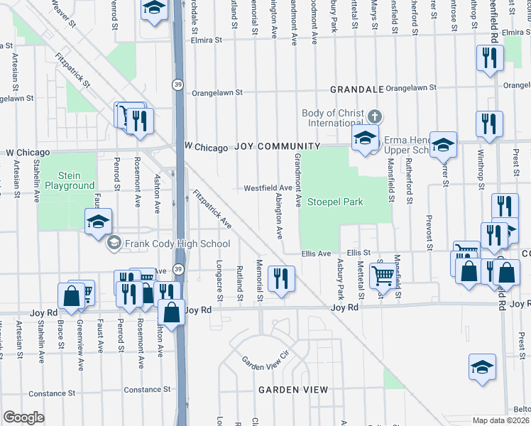 map of restaurants, bars, coffee shops, grocery stores, and more near 9146 Memorial Avenue in Detroit