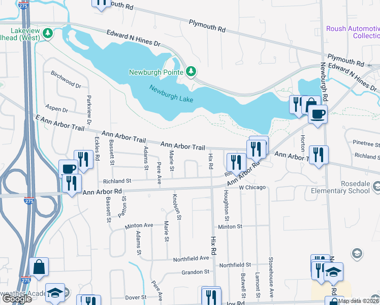 map of restaurants, bars, coffee shops, grocery stores, and more near 38543 Orangelawn Street in Livonia