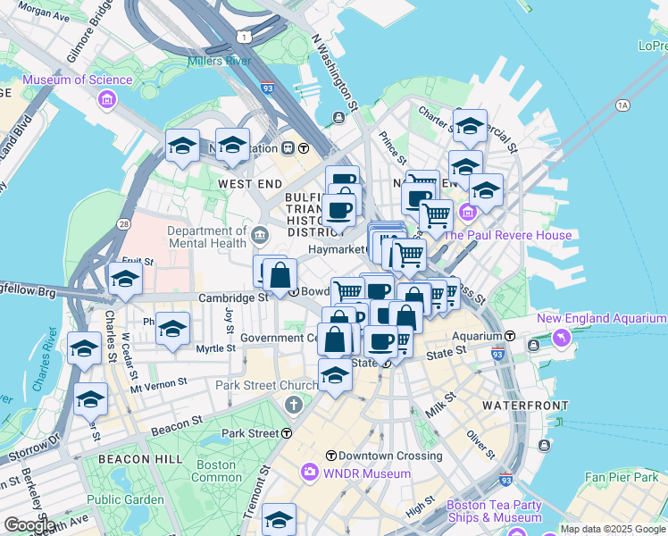map of restaurants, bars, coffee shops, grocery stores, and more near 125 Bowker Street in Boston