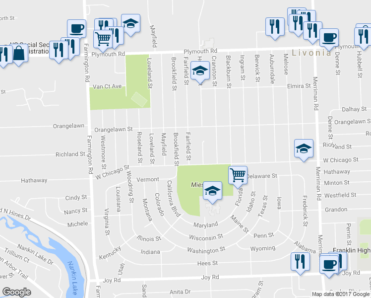 map of restaurants, bars, coffee shops, grocery stores, and more near 9623 Fairfield Street in Livonia