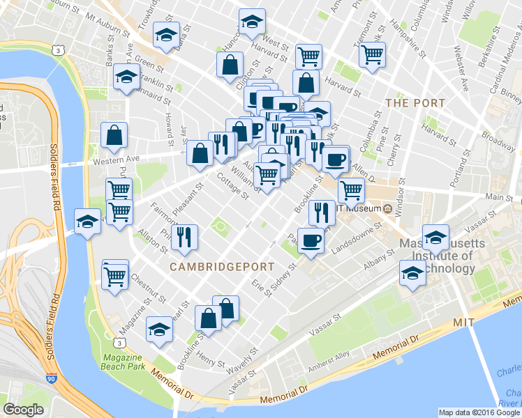 map of restaurants, bars, coffee shops, grocery stores, and more near Pearl Street & Cottage Street in Cambridge