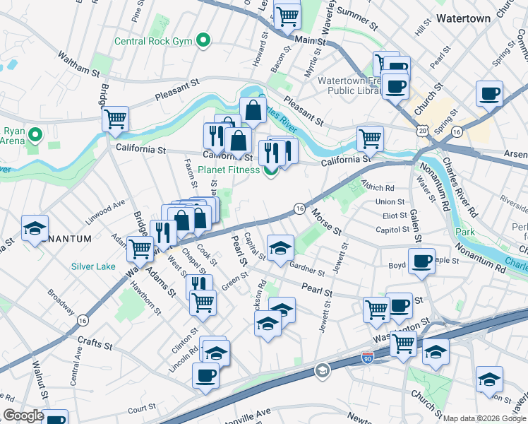 map of restaurants, bars, coffee shops, grocery stores, and more near 67 Pond Avenue in Newton