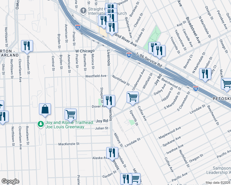 map of restaurants, bars, coffee shops, grocery stores, and more near 5630 Greenway Street in Detroit