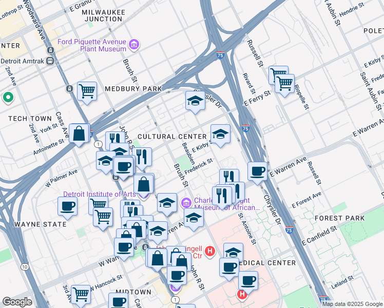 map of restaurants, bars, coffee shops, grocery stores, and more near 506 East Kirby Street in Detroit