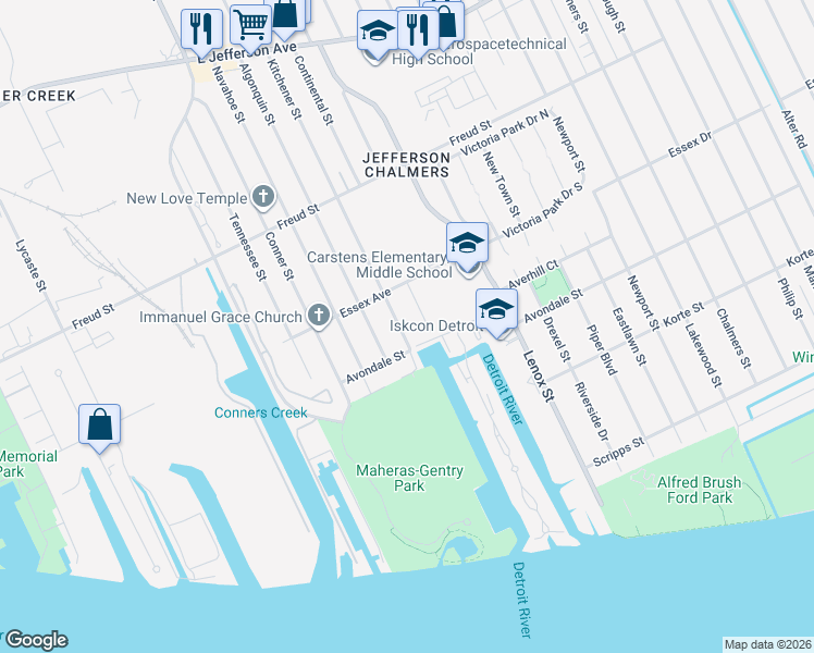 map of restaurants, bars, coffee shops, grocery stores, and more near 428 Kitchener Street in Detroit