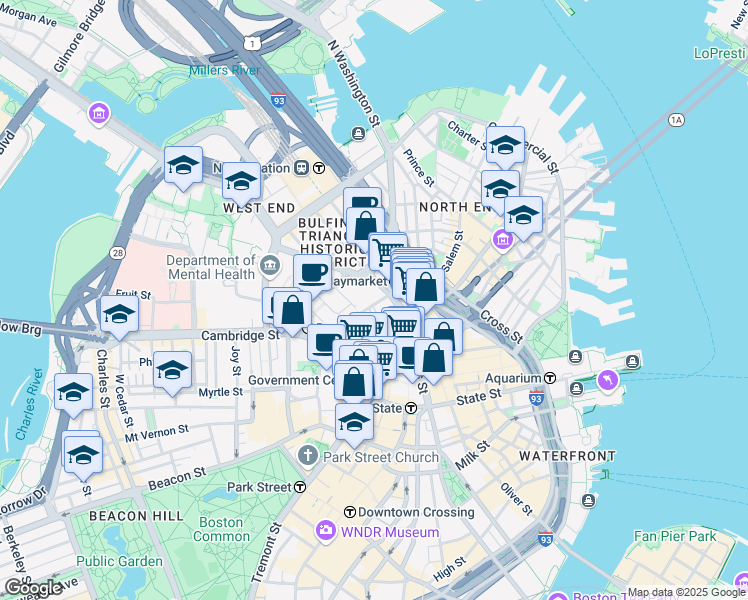 map of restaurants, bars, coffee shops, grocery stores, and more near 25 Sudbury Street in Boston