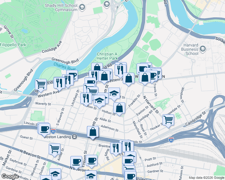 map of restaurants, bars, coffee shops, grocery stores, and more near 17 Raymond Street in Boston