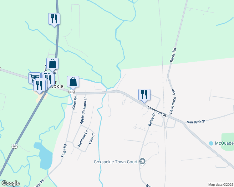 map of restaurants, bars, coffee shops, grocery stores, and more near 289 Mansion Street in Coxsackie