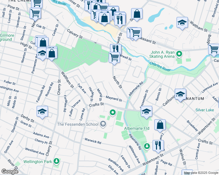map of restaurants, bars, coffee shops, grocery stores, and more near 31 Pratt Drive in Newton