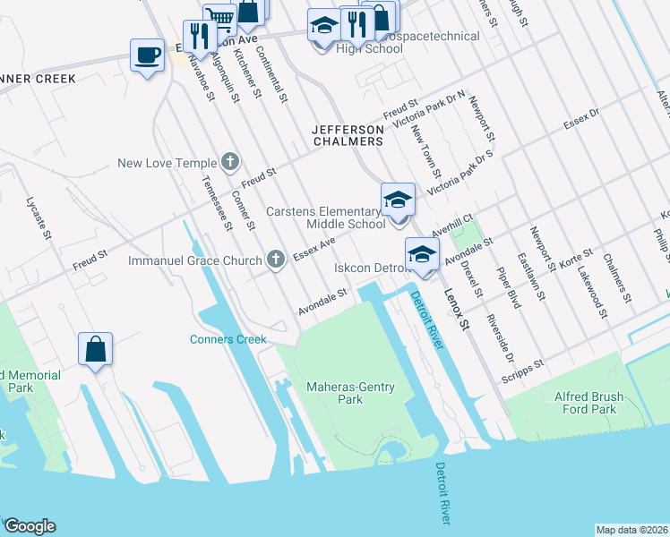 map of restaurants, bars, coffee shops, grocery stores, and more near 497 Kitchener Street in Detroit
