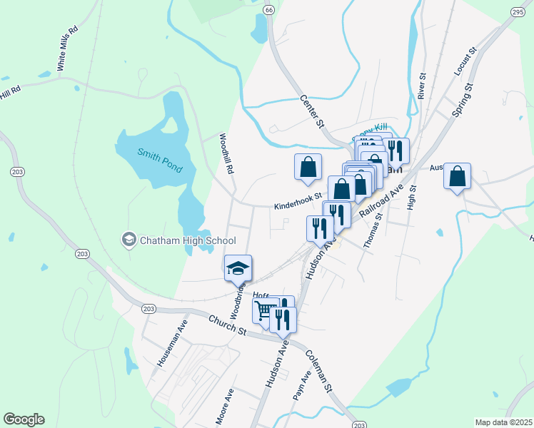 map of restaurants, bars, coffee shops, grocery stores, and more near 73 Kinderhook Street in Chatham