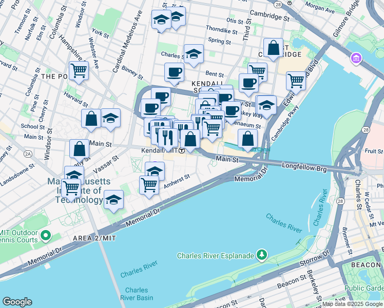 map of restaurants, bars, coffee shops, grocery stores, and more near Main Street in Cambridge