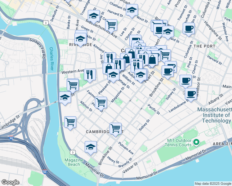 map of restaurants, bars, coffee shops, grocery stores, and more near 17 Pleasant Place in Cambridge
