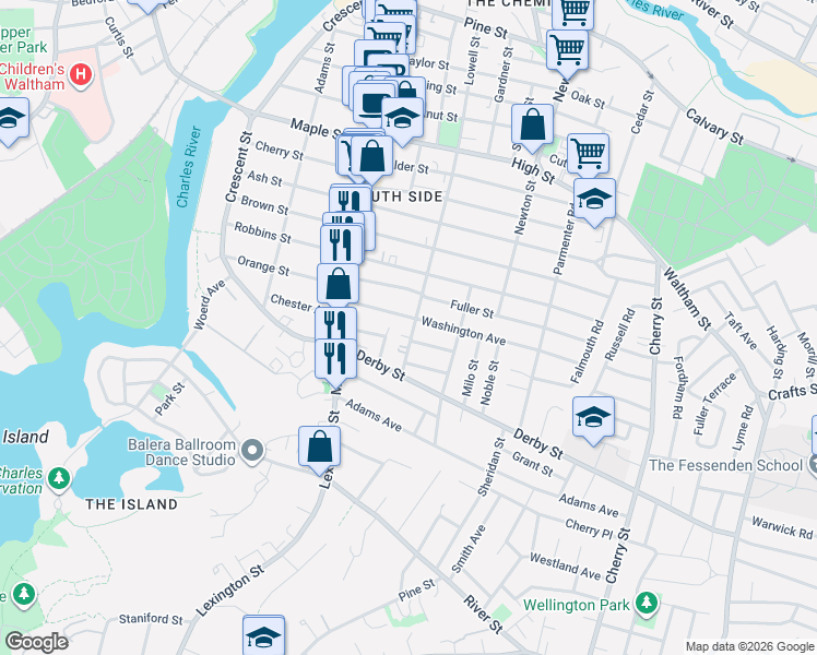 map of restaurants, bars, coffee shops, grocery stores, and more near 55 Wadsworth Avenue in Waltham