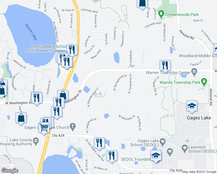 map of restaurants, bars, coffee shops, grocery stores, and more near 34345 North Bobolink Trail in Grayslake