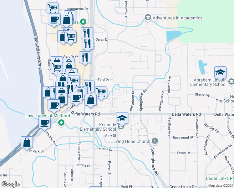 map of restaurants, bars, coffee shops, grocery stores, and more near 3151 Forest Hills Drive in Medford