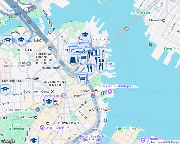 map of restaurants, bars, coffee shops, grocery stores, and more near 142 Commercial Street in Boston