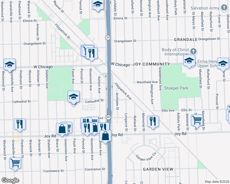 map of restaurants, bars, coffee shops, grocery stores, and more near 9267 Archdale Street in Detroit