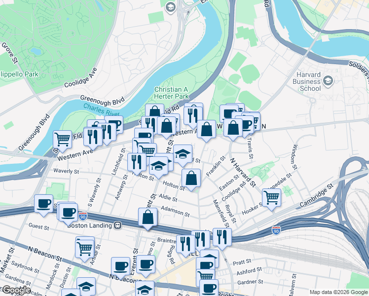 map of restaurants, bars, coffee shops, grocery stores, and more near 287 Western Avenue in Boston