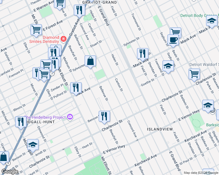 map of restaurants, bars, coffee shops, grocery stores, and more near 6804 Mack Avenue in Detroit