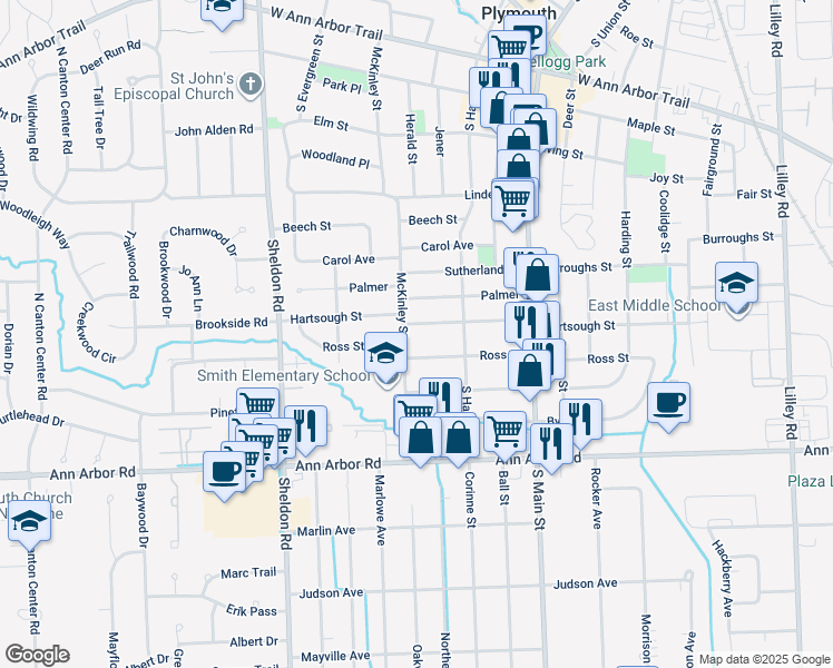 map of restaurants, bars, coffee shops, grocery stores, and more near 1095 Palmer in Plymouth