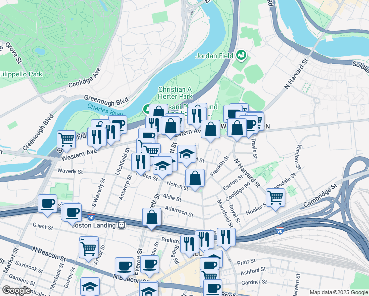 map of restaurants, bars, coffee shops, grocery stores, and more near 287 Western Avenue in Boston