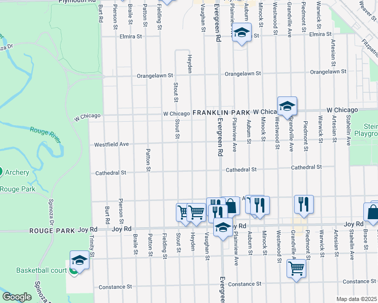 map of restaurants, bars, coffee shops, grocery stores, and more near 9300 Heyden in Detroit