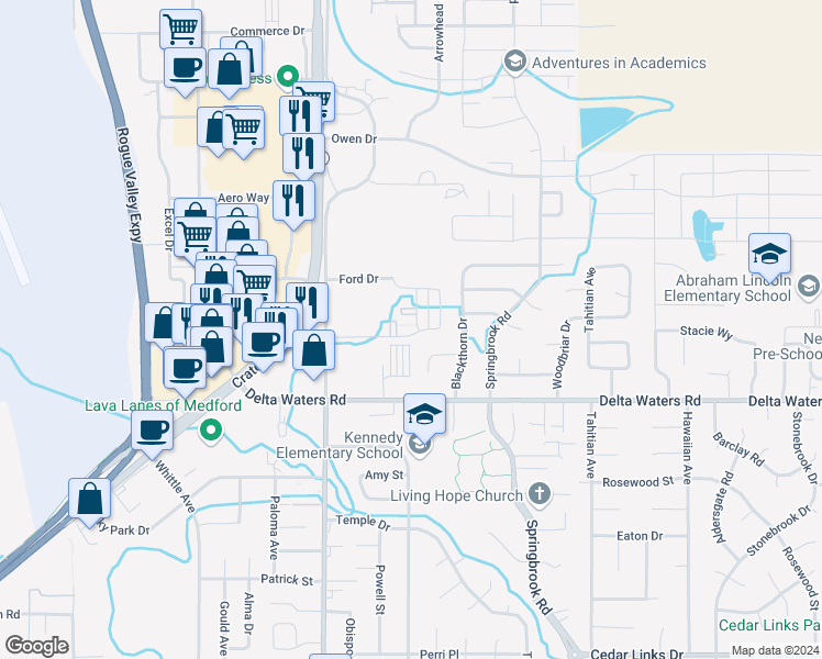 map of restaurants, bars, coffee shops, grocery stores, and more near 3165 Juniper Ridge Drive in Medford