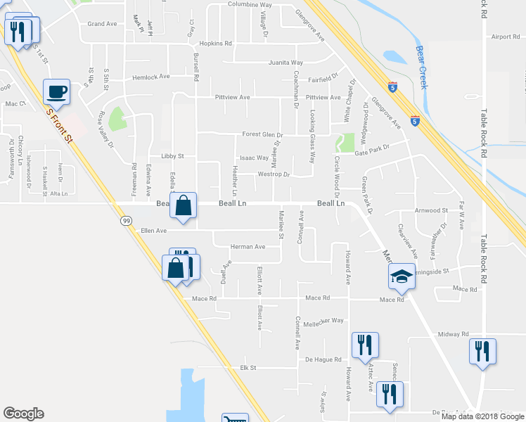 map of restaurants, bars, coffee shops, grocery stores, and more near 1315 Magruder Court in Central Point