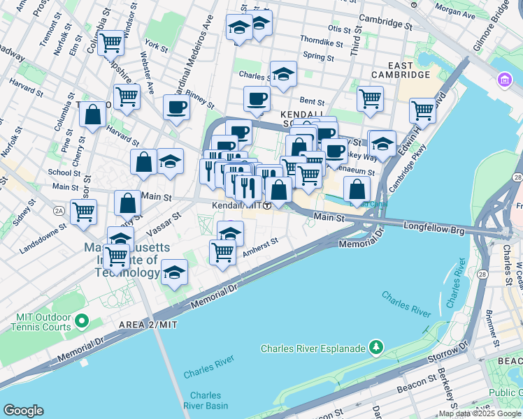 map of restaurants, bars, coffee shops, grocery stores, and more near 80 Broadway in Cambridge