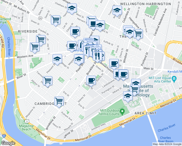 map of restaurants, bars, coffee shops, grocery stores, and more near 172 Franklin Street in Cambridge