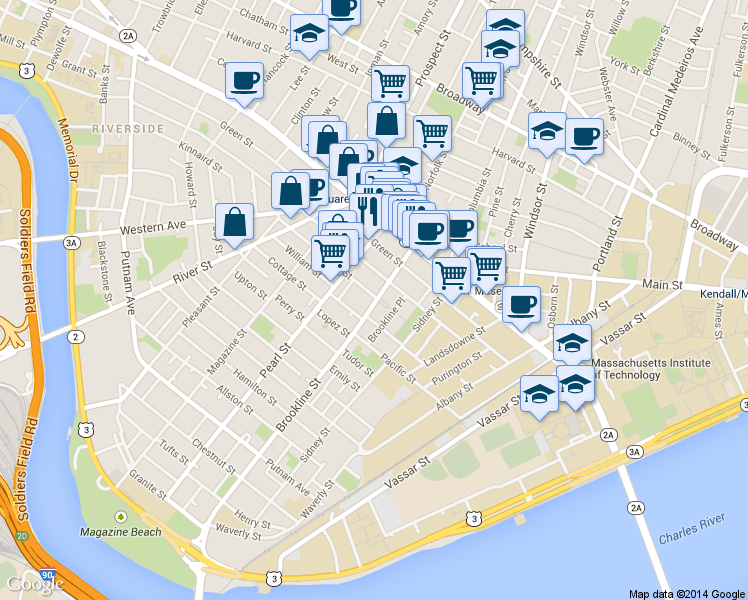 map of restaurants, bars, coffee shops, grocery stores, and more near 172 Franklin Street in Cambridge
