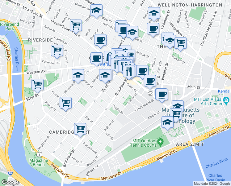 map of restaurants, bars, coffee shops, grocery stores, and more near 172 Franklin Street in Cambridge