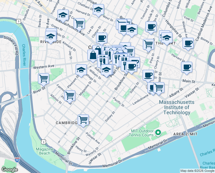 map of restaurants, bars, coffee shops, grocery stores, and more near 71 Pearl Street in Cambridge