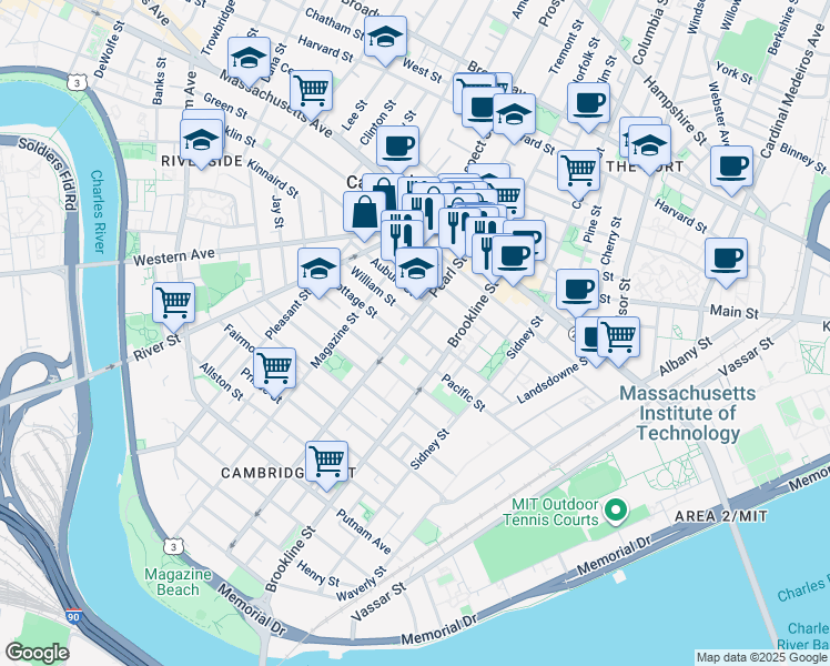 map of restaurants, bars, coffee shops, grocery stores, and more near 71 Pearl Street in Cambridge
