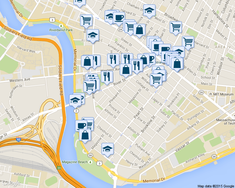 map of restaurants, bars, coffee shops, grocery stores, and more near 17 Laurel Street in Cambridge
