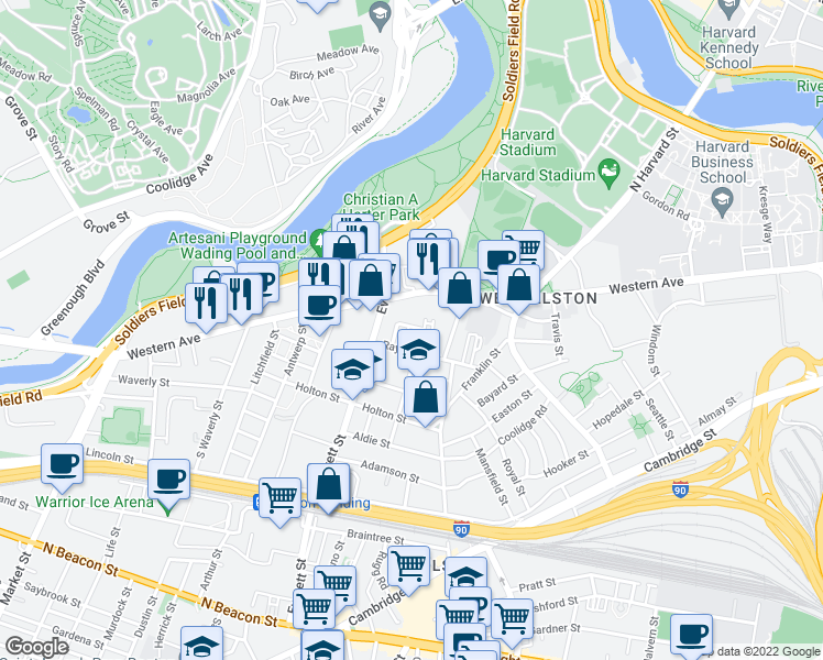 map of restaurants, bars, coffee shops, grocery stores, and more near 287 Western Avenue in Boston