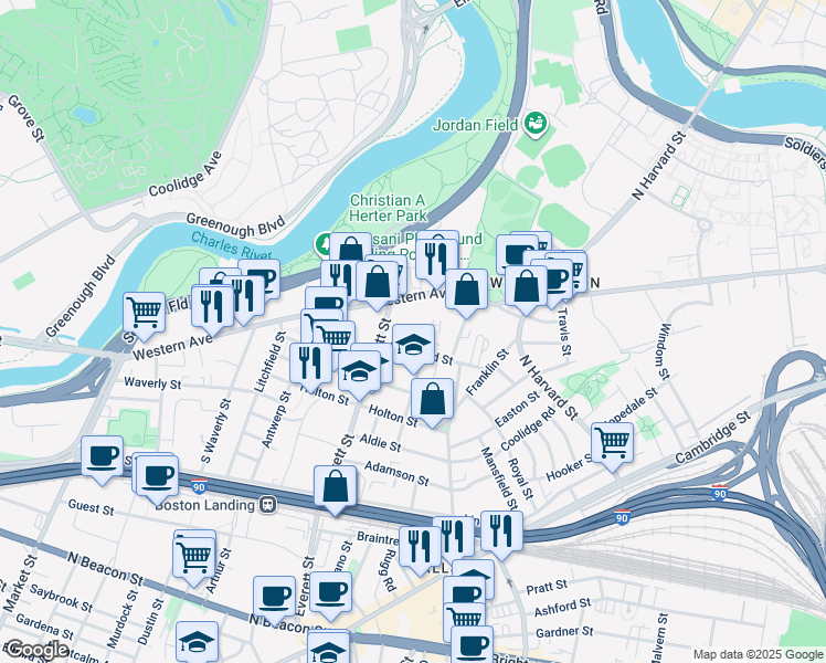 map of restaurants, bars, coffee shops, grocery stores, and more near 287 Western Avenue in Boston