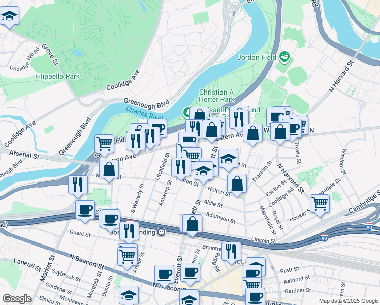 map of restaurants, bars, coffee shops, grocery stores, and more near 355 Western Avenue in Boston