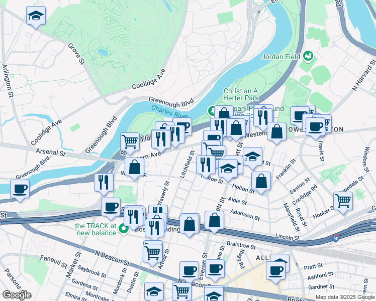map of restaurants, bars, coffee shops, grocery stores, and more near 1300 Soldiers Field Road in Boston