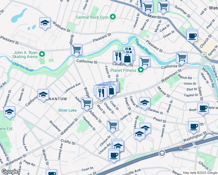 map of restaurants, bars, coffee shops, grocery stores, and more near 59 Faxon Street in Newton