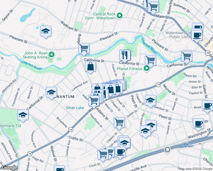 map of restaurants, bars, coffee shops, grocery stores, and more near 84 Chapel Street in Newton