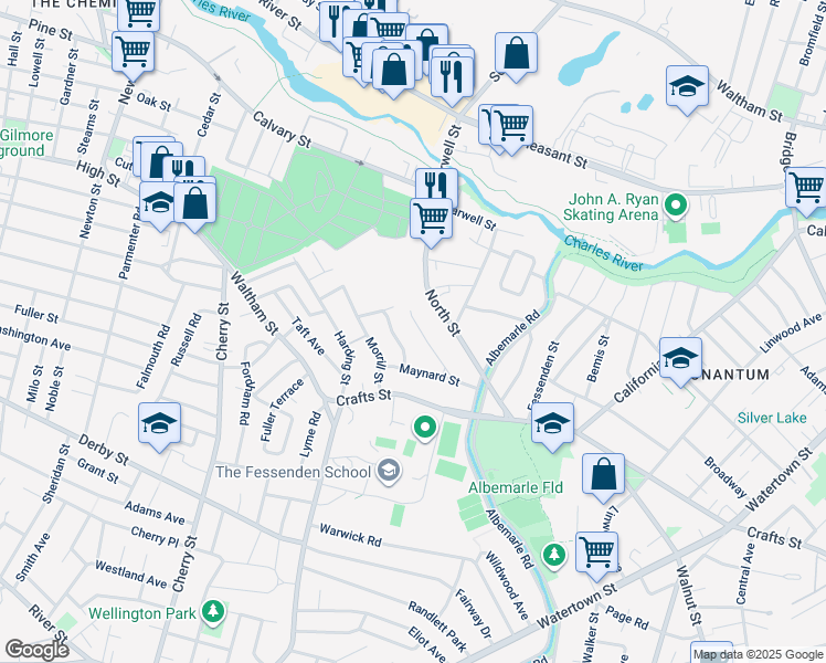 map of restaurants, bars, coffee shops, grocery stores, and more near 31 Pratt Drive in Newton