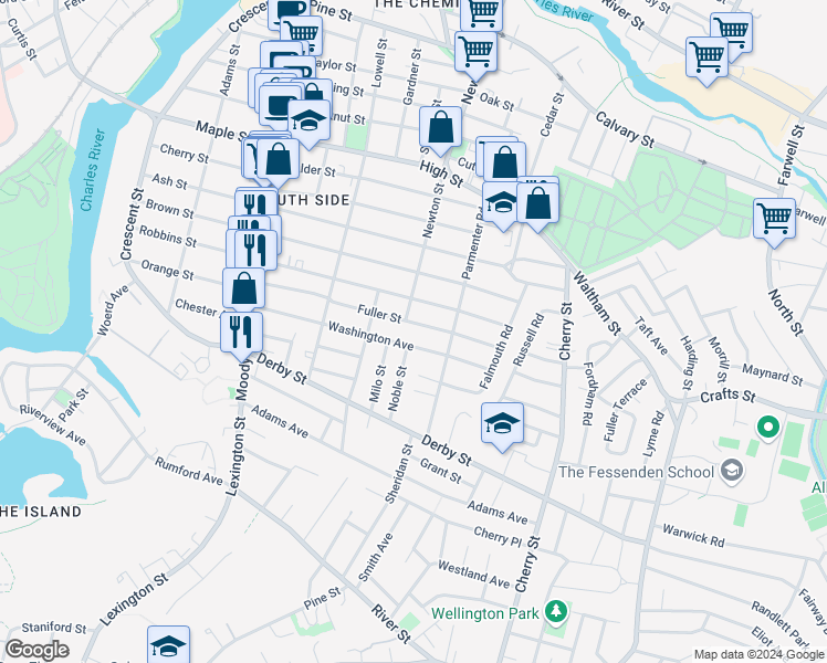 map of restaurants, bars, coffee shops, grocery stores, and more near 249 Robbins Street in Waltham
